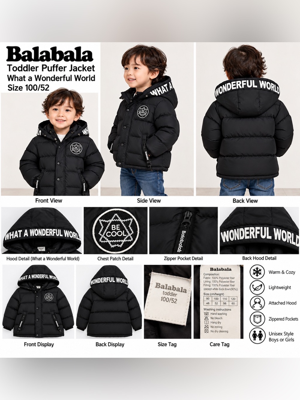 Balabala Toddler Black Puffer Jacket What a Wonderful World Hooded Coat 100/52